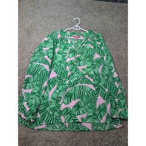 Lilly Pulitzer Womens M Silk Palm Leaf Print Long Sleeve Tunic Top Gold Buttons
